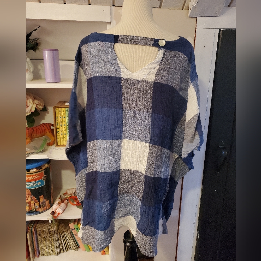 IC by Connie K Linen Blue Plaid Crinkle Linen Top Lagenlook Blouse Size Large - Picture 2 of 11